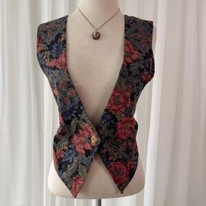 Vintage Floral Vest Tie Back Button Front Boho Romantic Top Women's Small